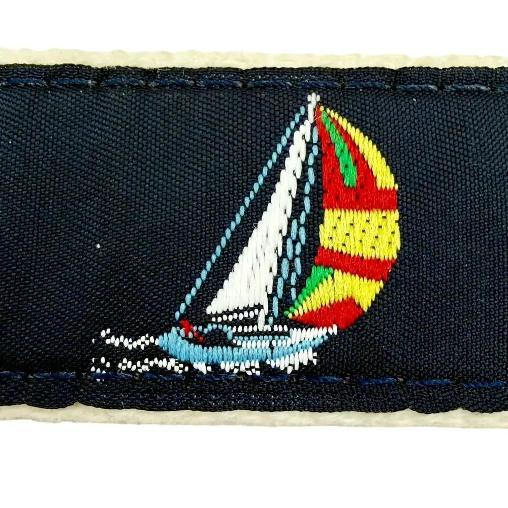Vintage Preppy Sailboat Embroidered Leather Brass BuckleHandmade CT USA Sz.‎ 36